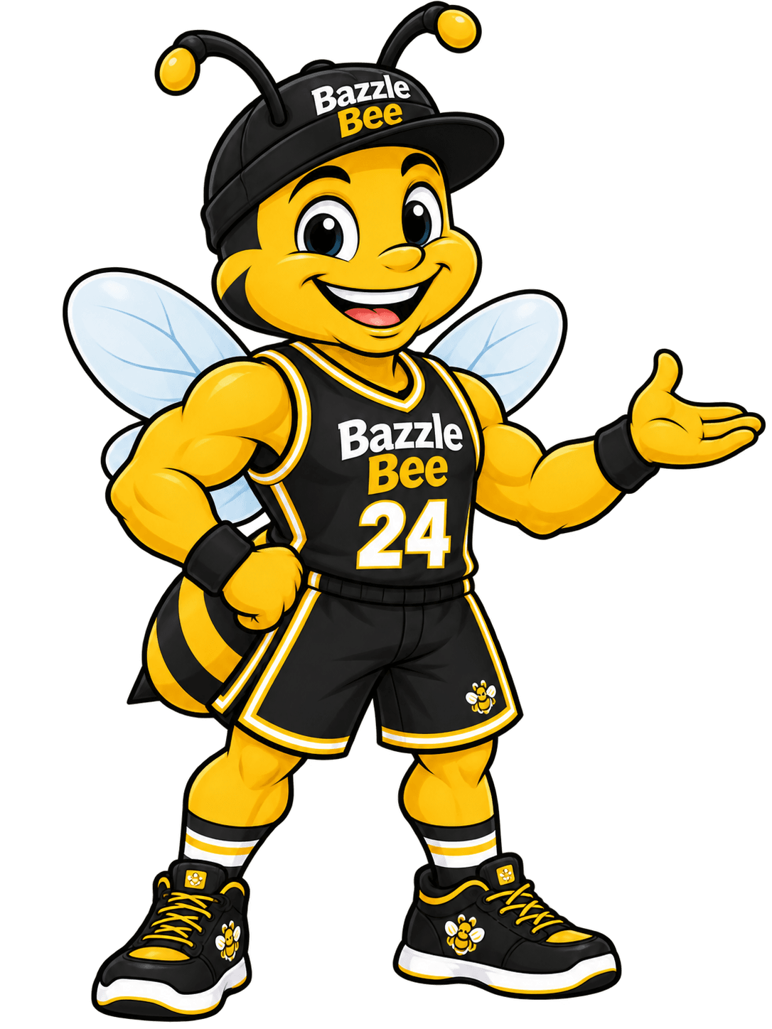 Bazzle, the Bazzle Bee mascot, presenting with an open hand